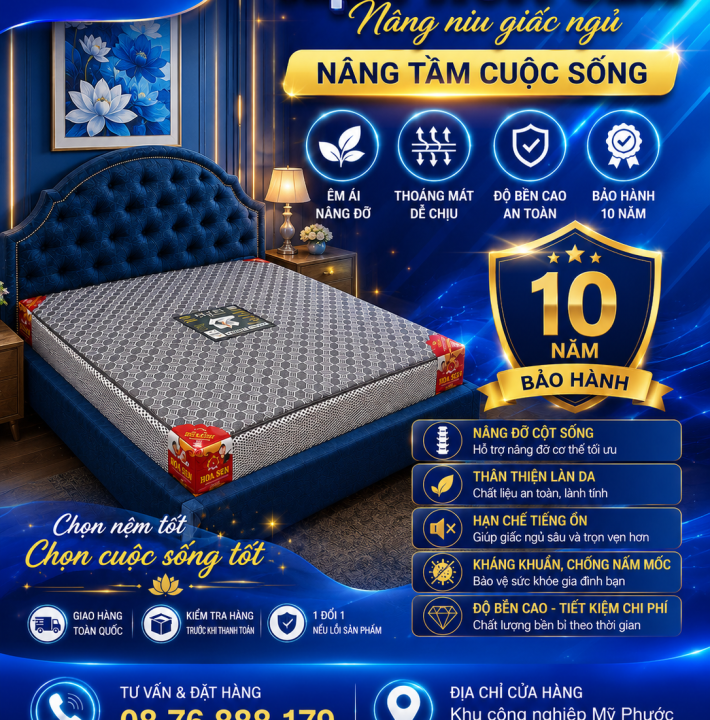 (Tặng Bộ Qu&agrave; 7 M&oacute;n) Nệm Cao Su Tổng Hợp Hoa Sen - Foam Nano Cao Cấp - N&acirc;ng Đỡ Vượt Trội - Bảo H&agrave;nh 10 Năm 